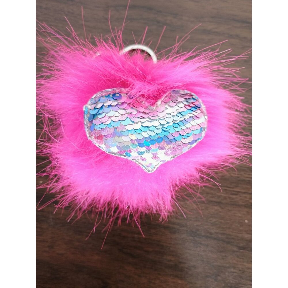 Hot Pink Faux Fur Pom Pom Keychain with Flip Sequin Heart Silver Hardware